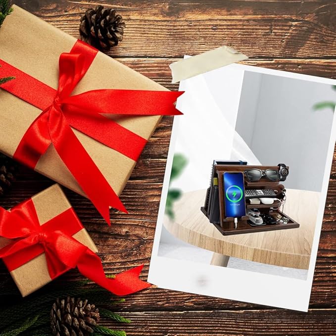 Gifts for Men Christmas, Wood Phone Docking Station, Mens Gifts for Birthday or Gifts for Dad Fathers Day, Desk Workspace Organizer Nightstand Organizer Key for Wallet & Watch Holder Husband Christmas
