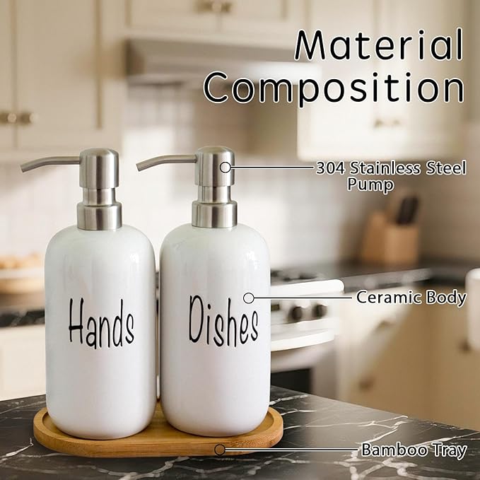 18oz Ceramic Soap Dispenser Set (2 Pack) with Stainless Steel Pump & Bamboo Tray, Bathroom & Kitchen