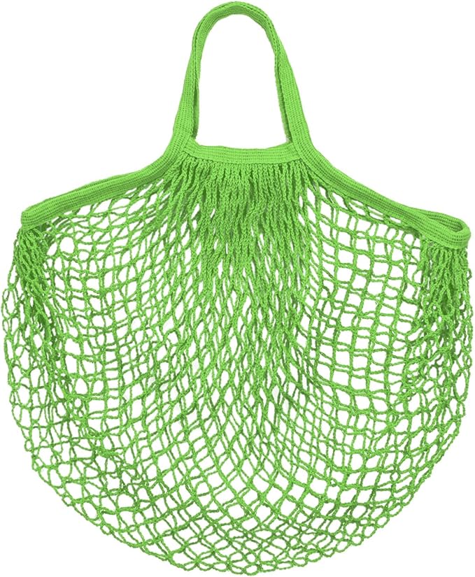 1-Pack Cotton Mesh Bag, Reusable Washable Mesh Net String Grocery Bags, Reusable Produce Bags with Handle, Net Tote Bag for Fruits/Vegetables Shopping [Green, Short Handle]