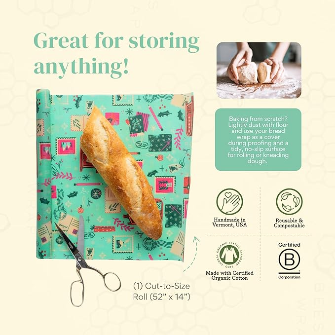 Bee's Wrap Beeswax Wraps for Food - Cut to Size Wax Paper Roll - Made in USA Reusable Waxed Paper & Bowl Covers - Organic & Eco-Friendly Alternative to Aluminum Foil & Plastic Wrap, Seasons Greetings