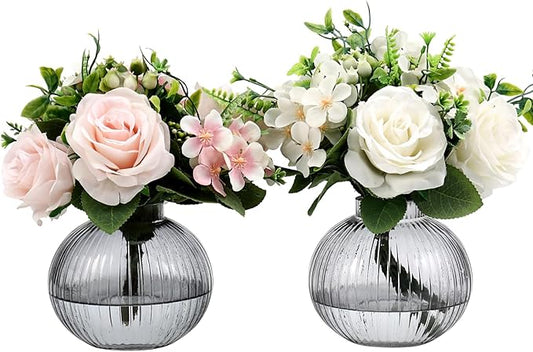 Round Glass Vases, Set of 2 Small Vases for Flowers, Black Glass Vase for Tulips, Modern Vase for Living Room, Office, Coffee Table, Shelf, Wedding, 5 Inches