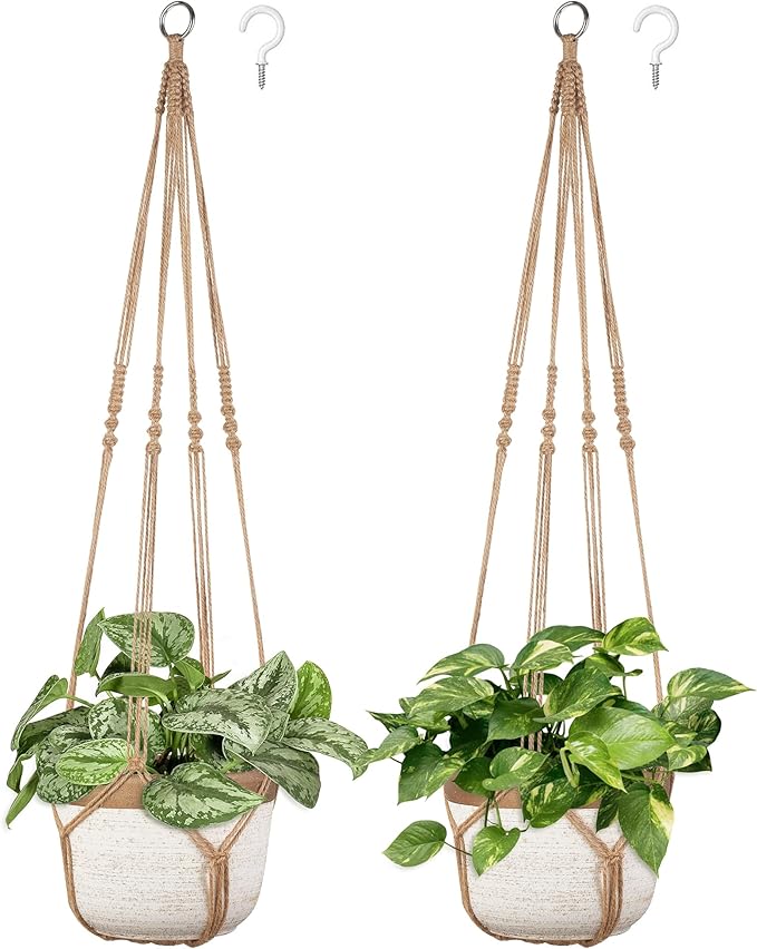 Dahey Macrame Plant Hanger Indoor Outdoor Hanging Planter Basket Large for up to 12" Pot Handmade Woven Cotton Rope Flower Pots Holder for Boho Home Decor, 43 Inch, Set of 2, Brown