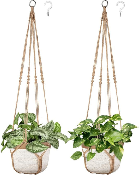 Dahey Macrame Plant Hanger Indoor Outdoor Hanging Planter Basket Large for up to 12" Pot Handmade Woven Cotton Rope Flower Pots Holder for Boho Home Decor, 43 Inch, Set of 2, Brown