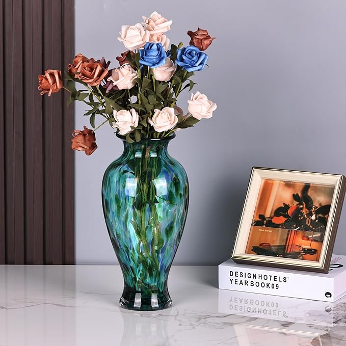 Blown Glass vase, Unique Glass vase, Glass Green Decorative vase for Home Living Room Dining Table re Office Wedding Entrance Desktop Decorative vase.