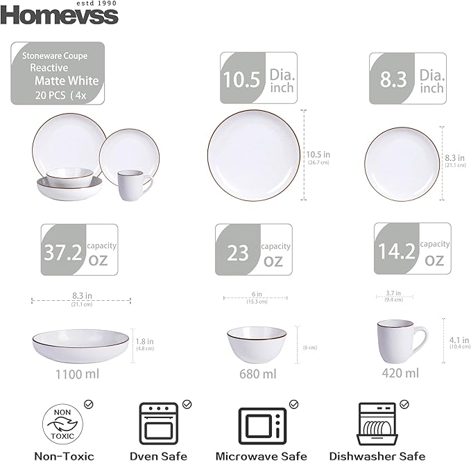HomeVSS 20-Piece Dinnerware Set - Serves 4, Matte White plates and bowls sets with Speckle Effect for Microwave & Dishwasher Safe