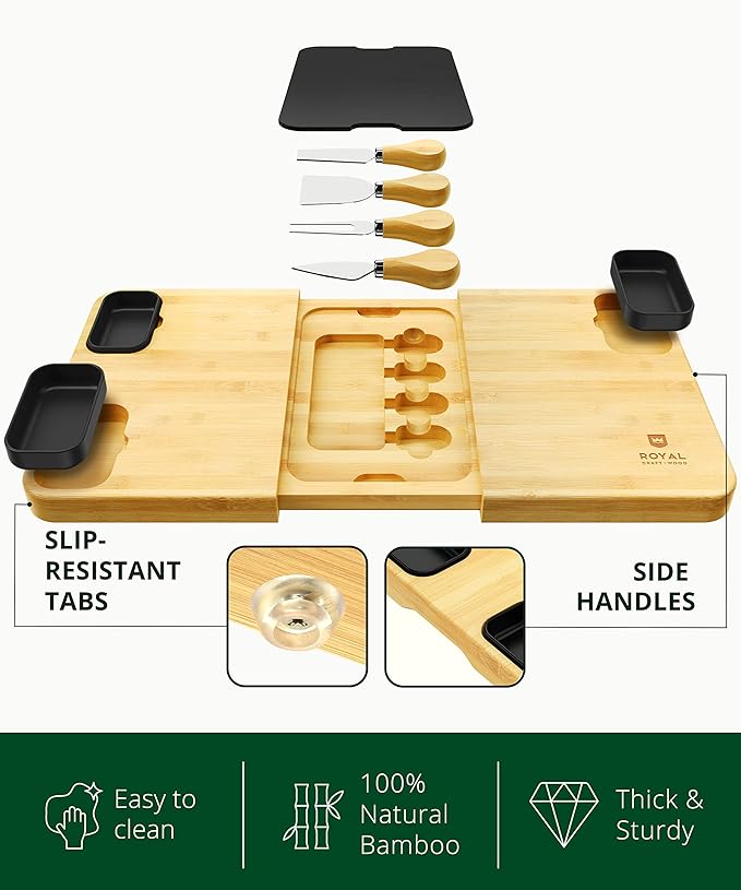 ROYAL CRAFT WOOD Extra Large Bamboo Charcuterie Boards - Large Charcuterie Board Set w/ 3 Sauce Bowls, 4 Knives & Slate Plate - Unique Cheese Board & Serving Tray - Ideal Housewarming Gift