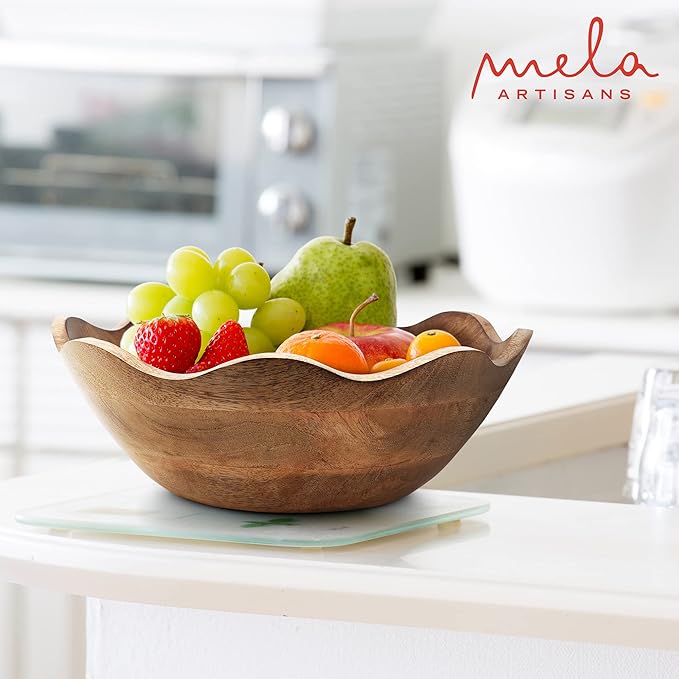 Mela Artisans Scalloped Decorative Wooden Bowl | 12 Inch Mango Wood Fruit & Serving Bowl | Natural Grain Finish | For Kitchen Counter | Snacks | Desserts | Bread | Handcrafted Home Decor