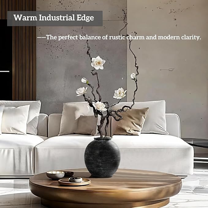 Large Black Ceramic Vase, 10.8 inch Round Minimalist Textured Floor Vase, Rustic Farmhouse Decor for Home, Living Room, Shelf, Table, Bathroom & Entryway Decoration (Black Bronze)