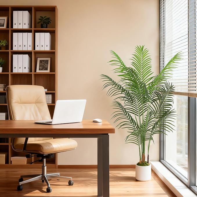 5FT Artificial Palm Tree, Tall Fake Tropical Areca Plant with White Round Planter for Indoor Outdoor Home Decor, Realistic Faux Palm Tree for Living Room, Office, Porch, Garden