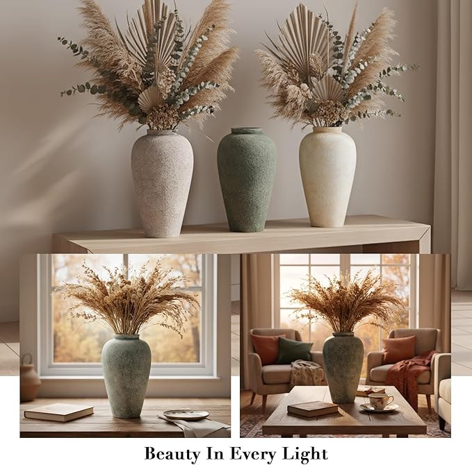 Ceramic Flower Vase Home Decor - 9.2 inch Large Farmhouse Table Vases, Rustic Decorative Vases for Kitchen Living Room Coffee Dining ShelfMantel Decoration