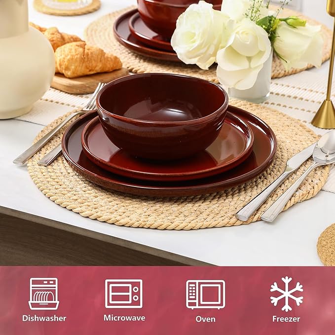 Vicrays Ceramic 12 Pieces Dinnerware Set - Dinner Plates Salad Plates Cereal Bowls Set Service for 4 - Scratch Resistant Microwave Oven Dishwasher Safe - Cherry Red