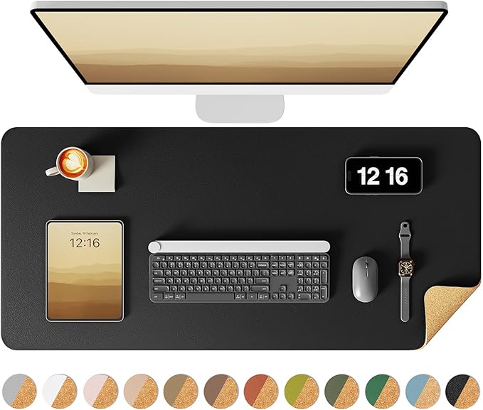YSAGi Double-Sided Desk Pad, 35.4"x17"Leather Desk Mat, Eco Cork Desk Pad Protector,Large Mouse Pad,Waterproof Desk Blotter for Office/Home(Black)