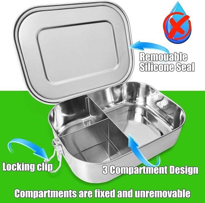 UPTRUST Leak Proof Stainless Steel Bento Lunch Container, (47OZ/1400ML) Metal Bento Lunch Box for Kids or Adults, 3 Compartment Packing Box for Work Lunch