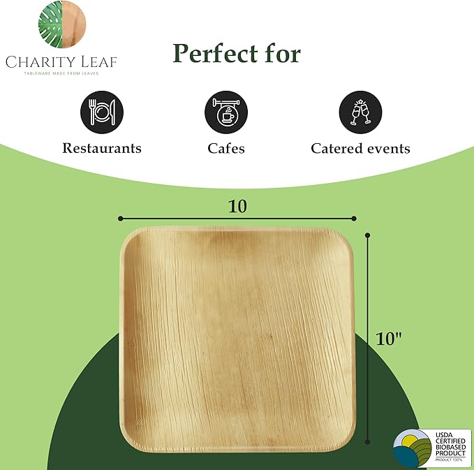 Charity Leaf Compostable 10" Square Palm Leaf Dinner Plates (50-pack) | Premium, 100% Natural, Disposable, Heavy Duty | Perfect for Parties, Weddings & Catering Events