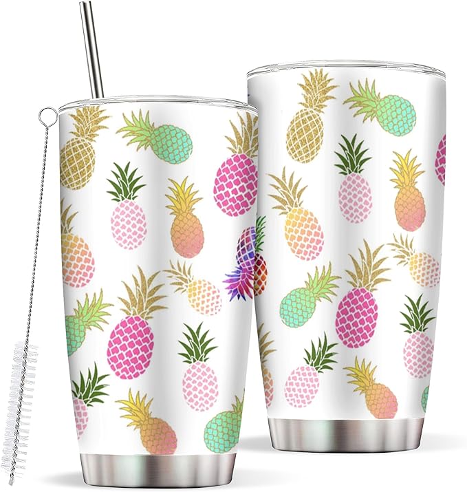 20 oz Pineapple Insulated Tumblers with Straw and Lid, Reusable Stainless Steel Coffee cup Travel Mug for Women's Hot and Cold Drinks Gift