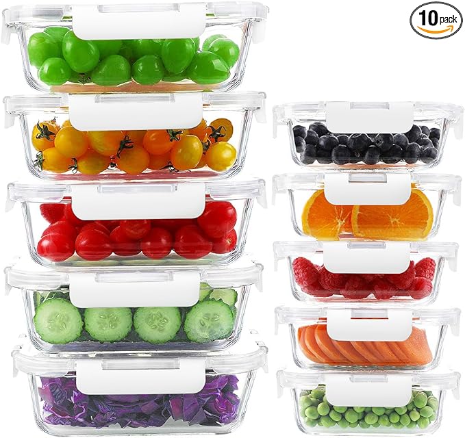KAMOTA Glass Food Storage Containers, 10 Pack Glass Meal Prep Containers, Airtight Containers with Snap-Lock Lids, 34 oz and 13 oz white Container Set with Lids, for Microwave/Oven/Freezer