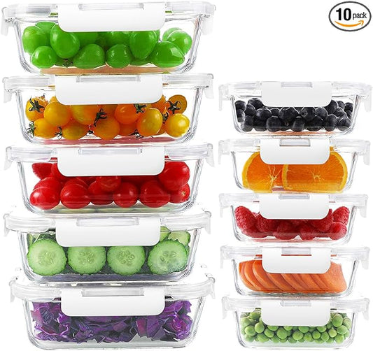 KAMOTA Glass Food Storage Containers, 10 Pack Glass Meal Prep Containers, Airtight Containers with Snap-Lock Lids, 34 oz and 13 oz white Container Set with Lids, for Microwave/Oven/Freezer