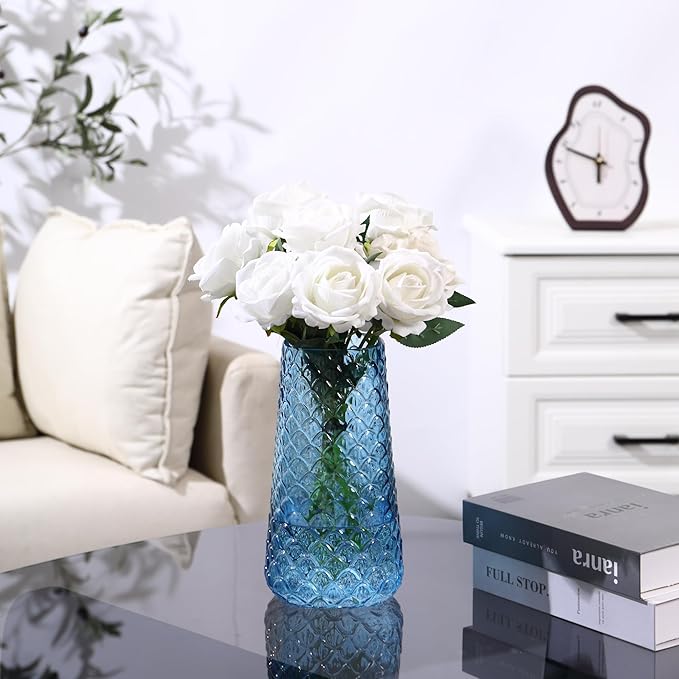 Glass Vase, Blue Flower Vase for Bouquet, Large Glass Vases for Flowers, Modern Vases for Living Room, Bedroom, Dining Table, Office, Kitchen, Wedding, 9 Inches