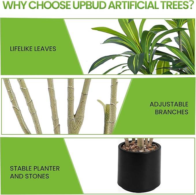 6FT Artificial Dracaena Tree, Faux Dracaena Plant with Stones in Black Round Planter, Tall Fake Floor Plant for Indoor Home Office Living Room Decor