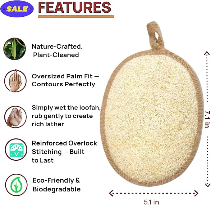 Natural Loofah Bath Sponge Set of 2,Exfoliating Body Scrubber for Shower & Bath,Eco-Friendly & Reusable Spa Gift Set for Men and Women, Large Size 7.1"x5.1" Oval (White and Brown)
