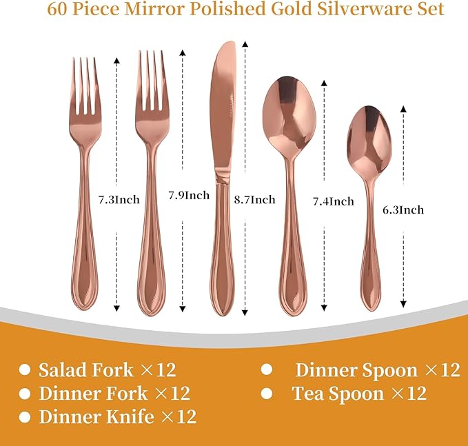 Rose Gold Silverware Set,60-Piece Stainless Steel Flatware for 12, Heavy-Duty 18/0 Stainless Steel Utensils,Mirror Polished Dishwasher Safe for Home & Kitchen Dining