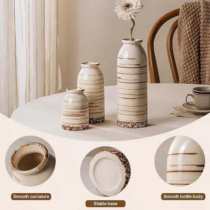 Ceramic Vase Set of 3,Small Vase for Flowers,Rustic Farmhouse Vase for Home Decor,Minimalist Vintage Flower Vases for Living Room,Table Shelf,Centerpieces,Fireplace and Entrance Decorations
