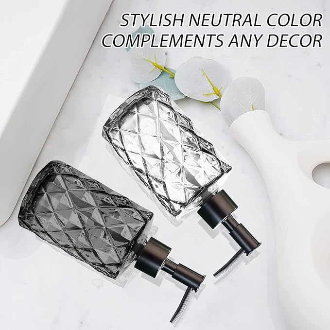 11oz Glass Soap Dispenser with Plastic Pump, Clear & Black Diamond Design Refillable Hand Soap Dispenser for Hand Wash and Dish Wash for Dishwashing Liquid, Lotion Shower Gel