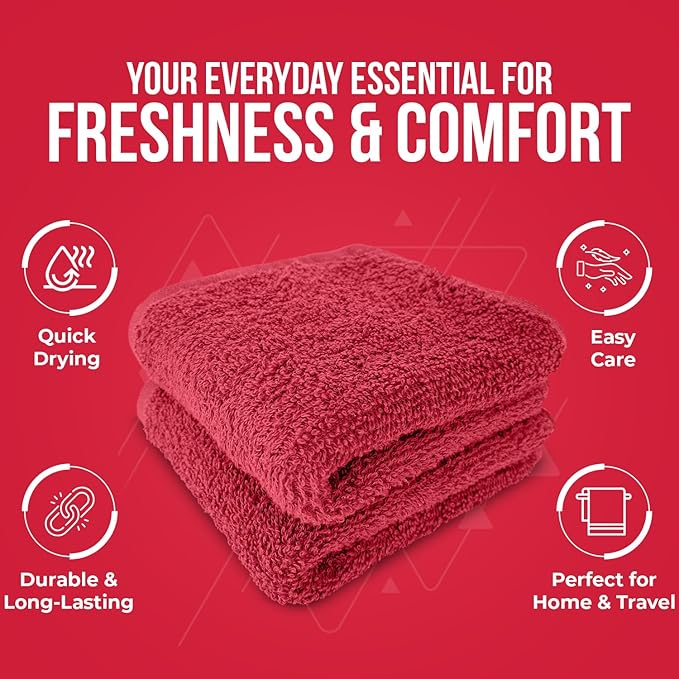 DAN RIVER 100% Cotton Wash Cloths 24 Pack [12x12] Soft & Absorbent Bath wash Cloths, Gym, Hotels & Spa Perfect for Everyday Use Fingertip Towels, Red