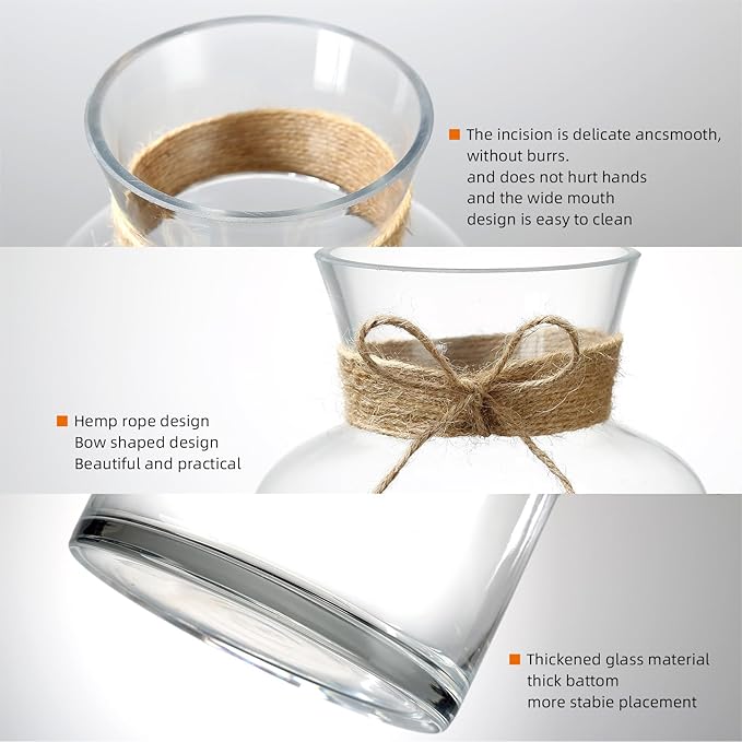 8" Decorative Modern Flower Vase with Twine Rope for Floral Arrangements, Wide Mouth Large Clear Glass Vase for Bouquet(Transparent) (Clear, 03)