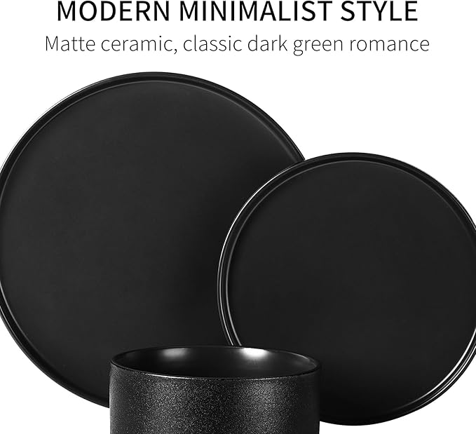GZG Classic Series - Plates and Bowls Set for 2, 6 Piece Stoneware Dinnerware Sets, Microwave and Dishwasher Safe Lead-Free Handcrafted Ceramic Dishes Set - Frosted Matte Black