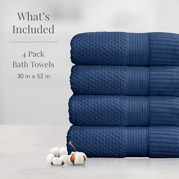 NY Loft 100% Cotton 4 Pack Bath Towel Set| Navy Bath Towels | Super Soft & Absorbent Quick-Dry Bath Towels 30" x 52" |Textured and Durable Cotton | Trinity Collection (4 Pack, Navy Blue)