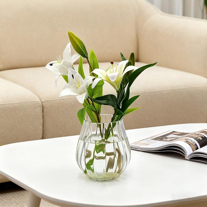 Flower-Shaped Wide Mouth Glass Vase - 6.7" Tall Transparent Vase, Ideal for Fresh Flowers/Floating Tealights, Home Display (Living Room/Bedroom), Wedding Centerpieces & Holiday Decor