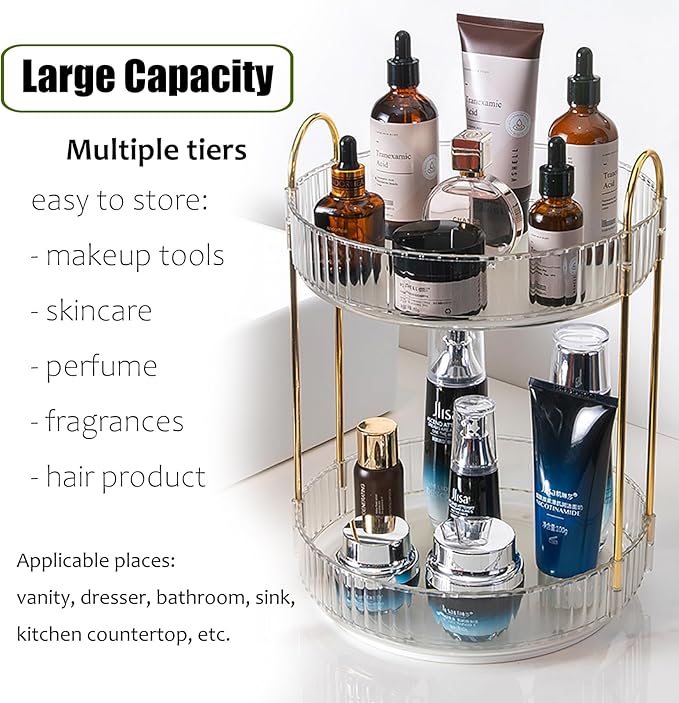 Rotating Makeup Organizer Countertop 2 Tier Lazy Susan Trays Clear Skincare Perfume Storage for Bathroom Counter Vanity, Transparent