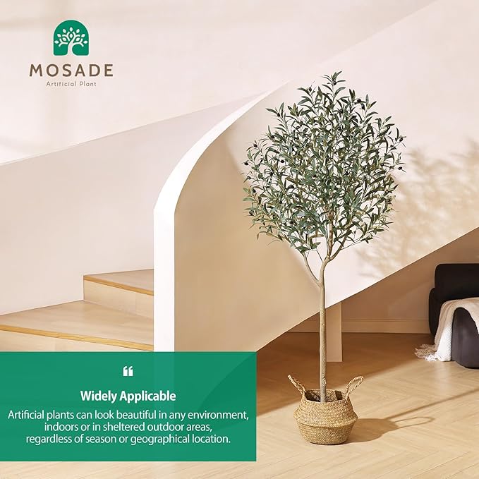 Artificial Olive Tree 6FT – Tall Faux Tree with Realistic Silk Leaves, Handmade Seagrass Basket, Low-Maintenance Large Fake Plants for Modern Office, Floor & Home Decor, Living Room, Indoor Plants