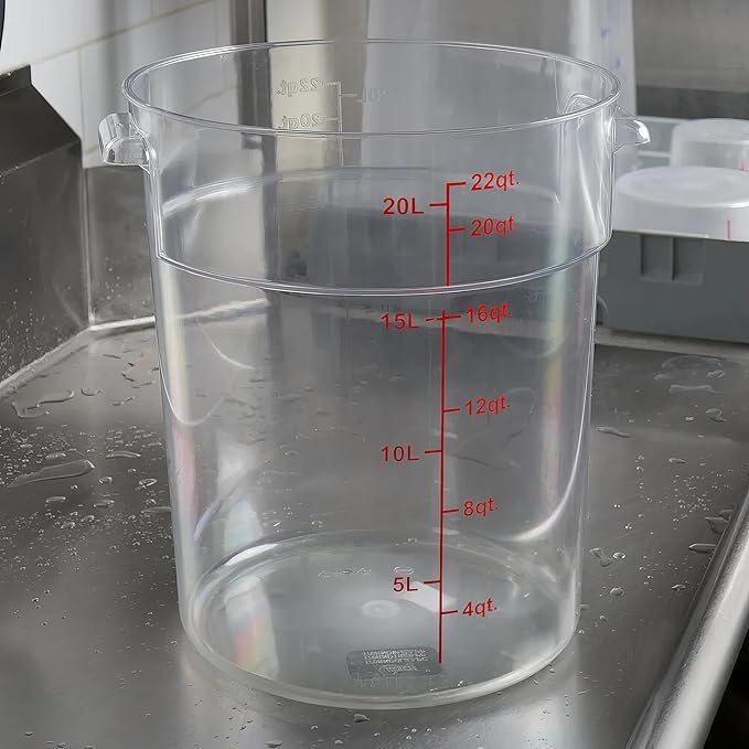 22 Qt Commercial Food Storage Container with Lid Set - Clear Round Polycarbonate with Red Graduations, NSF Listed, BPA-Free for Restaurant Kitchen Organization (4)