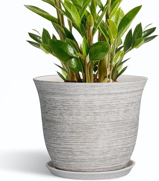 Ceramic Flower Pots - 10 Inch Plant Pot with Drainage Hole and Saucer, Round Planter for Indoor Outdoor, Modern Planters, Large Flower Pot, Home Porch Garden Decor, Plant Lover Gifts, Grey