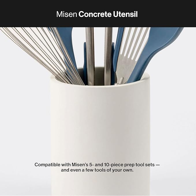 Misen Cream Concrete Utensil Holder - Kitchen Tool Organizer, Large Utensil Container for Countertop, Stainless Steel Holder - Compatible Prep Tool Sets 5 and 10 Piece - 6.25in x 5.5in