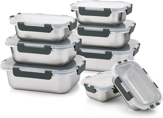 8 PCS-4-Size Stainless Steel Lunch Box- Leakproof & Dishwasher Safe, Stackable Stainless Steel Food Containers, Metal Bento Box for Work,Travel (58/41 /24 /14Oz)