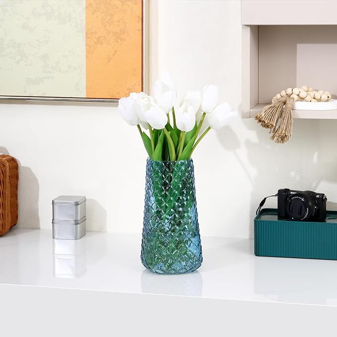 Glass Vase, Blue Flower Vase for Bouquet, Large Glass Vases for Flowers, Modern Vases for Living Room, Bedroom, Dining Table, Office, Kitchen, Wedding, 9 Inches