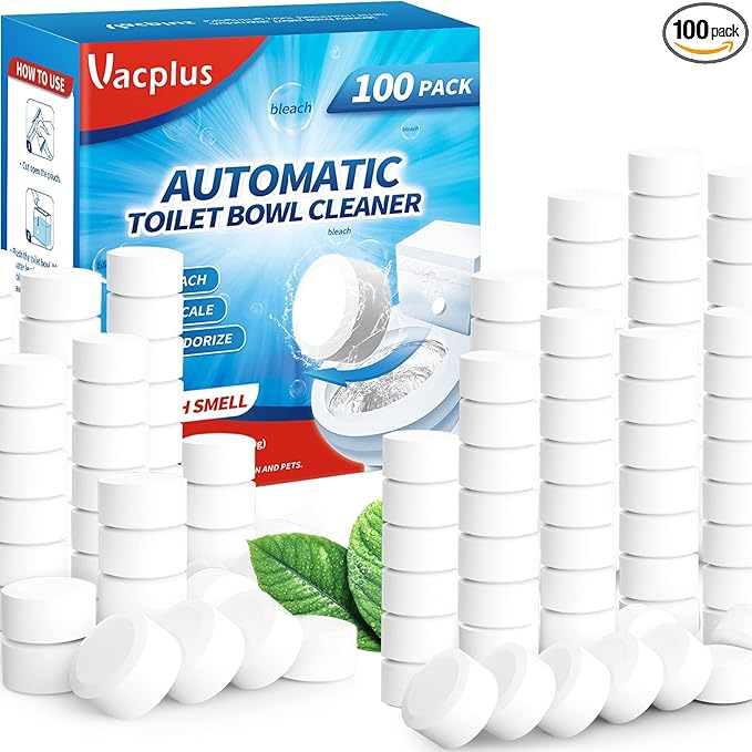 Vacplus Toilet Bowl Cleaner Tablets 100 PACK, Automatic Toilet Bowl Cleaners with Bleach for Deodorizing and Descaling, Bathroom Cleaner Against Tough Stains