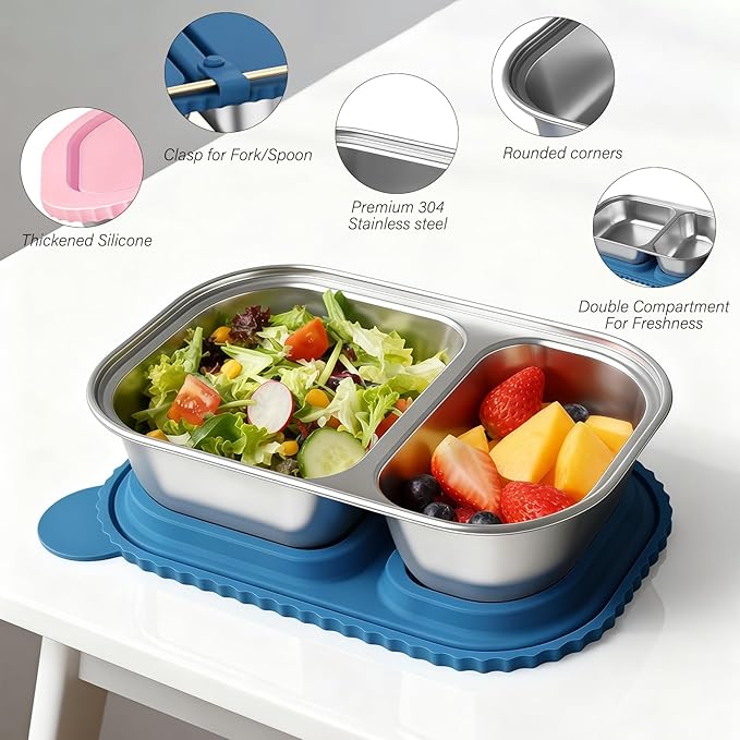 3 Pack Stainless Steel Snack Containers, Reusable Snack Containers with Lids, 2 Compartment Food Storage Containers, Lunchable Container for Kids, Office, Travel, Picnic