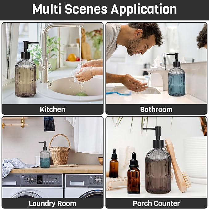 2 Pack 11oz Glass Soap Dispenser with Plastic Pump, Vertical Stripe Design Refillable Hand Soap Dispenser for Hand Wash, Bathroom and Kitchen