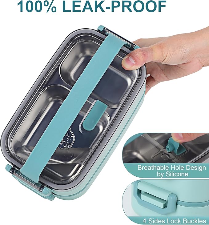 Bento Lunch Box for Kids Women Men, 47oz 2-Compartment Snack Salad Metal Food Prep Pack Container for Lunch, Stainless Steel 2 Layers Stackable Lunch Containers with Lids for Adults and Teens Green