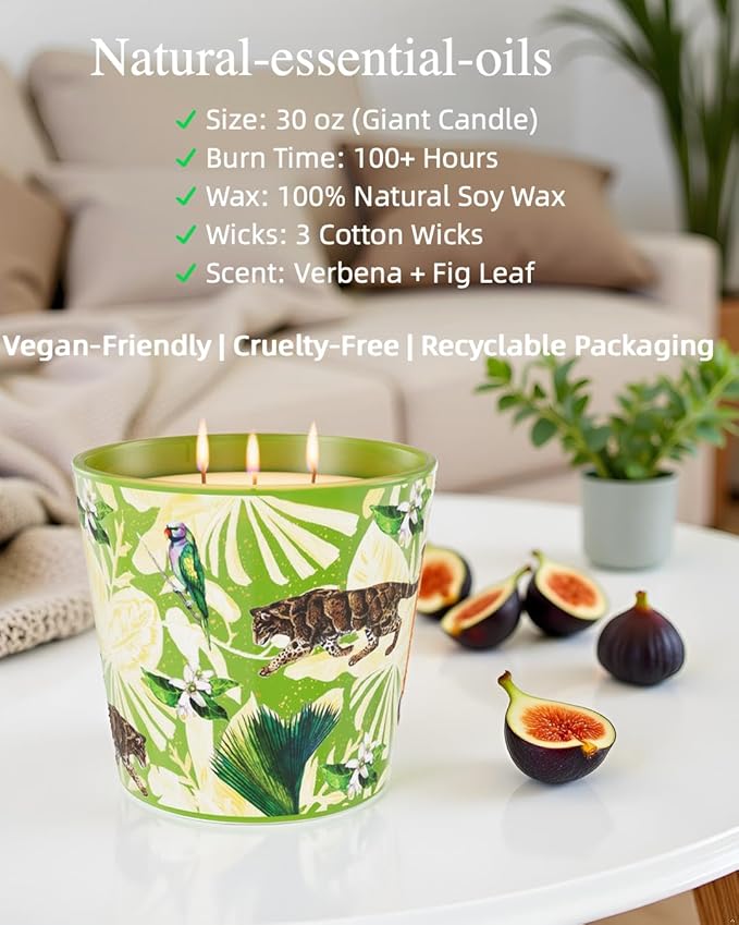 Verbena & Fig Leaf Scented Candle, Large Natural Candles Non Toxic for Home Scented, 30oz Soy Wax, 3 Wicks, Luxury Aromatherapy Candles | 100+ Hour Slow-Burn for Home Decor,Stress Relief,SPA