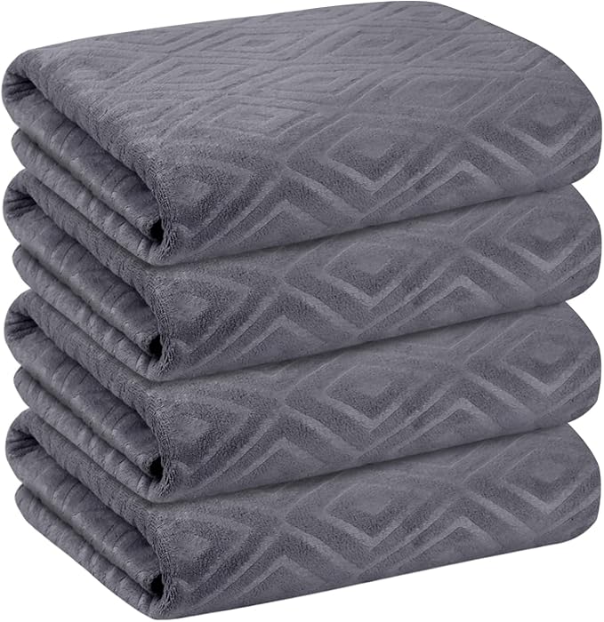 JML Towels, Pack of 4 Extra Large Bath Towel (30" x 60") - Absorbent Microfiber Bathroom Towels for Body, Adult, Hair, Yoga, Swimming, Grey Diamond Embossed