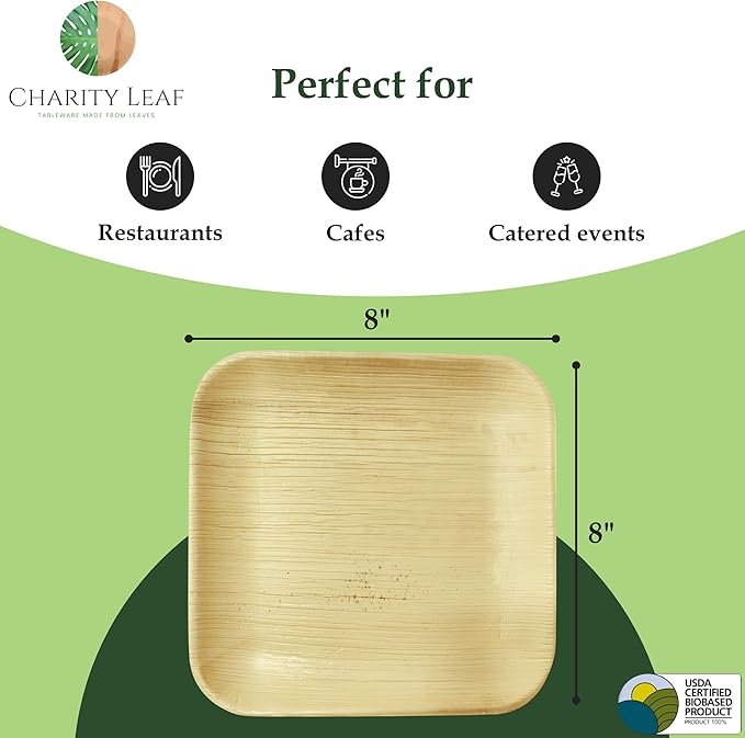Charity Leaf 8" Square Palm Leaf Plates (50-pack) | Eco-friendly, Heavy Duty | For Parties, Weddings, BBQs & Catering