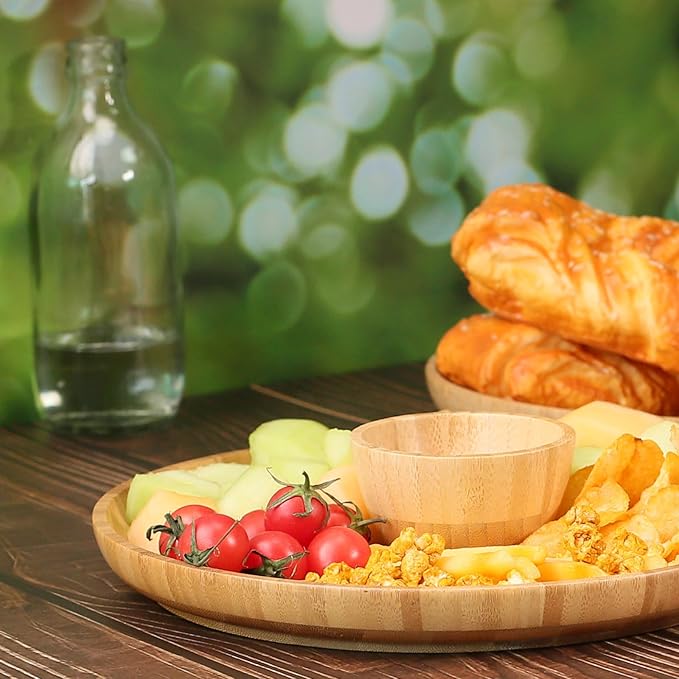 Bamboo Wooden Dinner Plates Set of 2, 10 inch Decorative Serving Tray for Coffee Table and Home Decor, Round Serving Platters and Trays for Pasta/Fruit/Charcuterie, Reusable Charger Plates