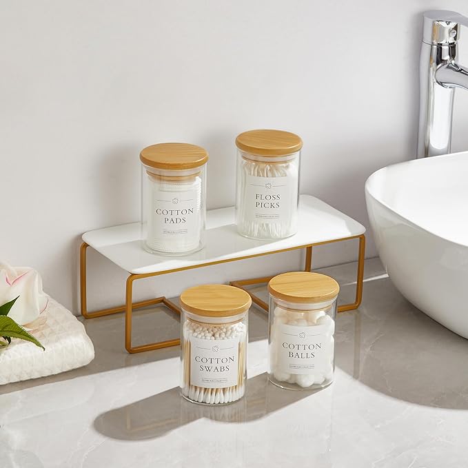 6 Pack Qtip Holder Dispenser - Glass Apothecary Jars with Lids, Cotton Ball Pad Swab Round Holder, Bamboo Bathroom Accessories, Bathroom Organizers Containers Jars Canisters with Lids