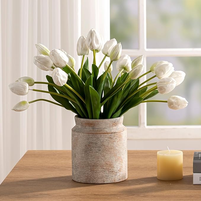 Ceramic Flower Vase 7.5 inch Farmhouse Rustic Vase for Home Decor Handcrafted Pottery Terracotta Vases for Dining Table Decor Fireplace Living Room Bathroom Wedding Centerpiece (L-Terracotta)