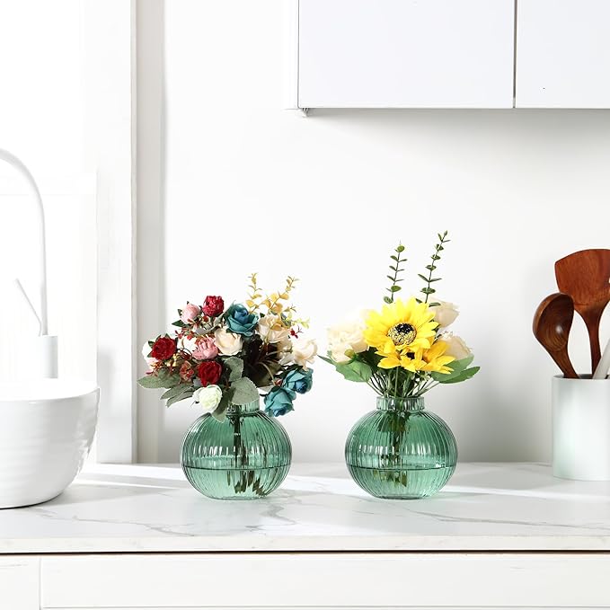 Round Glass Vases, Set of 2 Small Vases for Flowers, Green Glass Vase for Tulips, Modern Vase for Living Room, Office, Coffee Table, Shelf, Wedding, 5 Inches